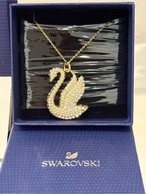 Swarovski Gold White & Red Crystal Swan Pendant Necklace